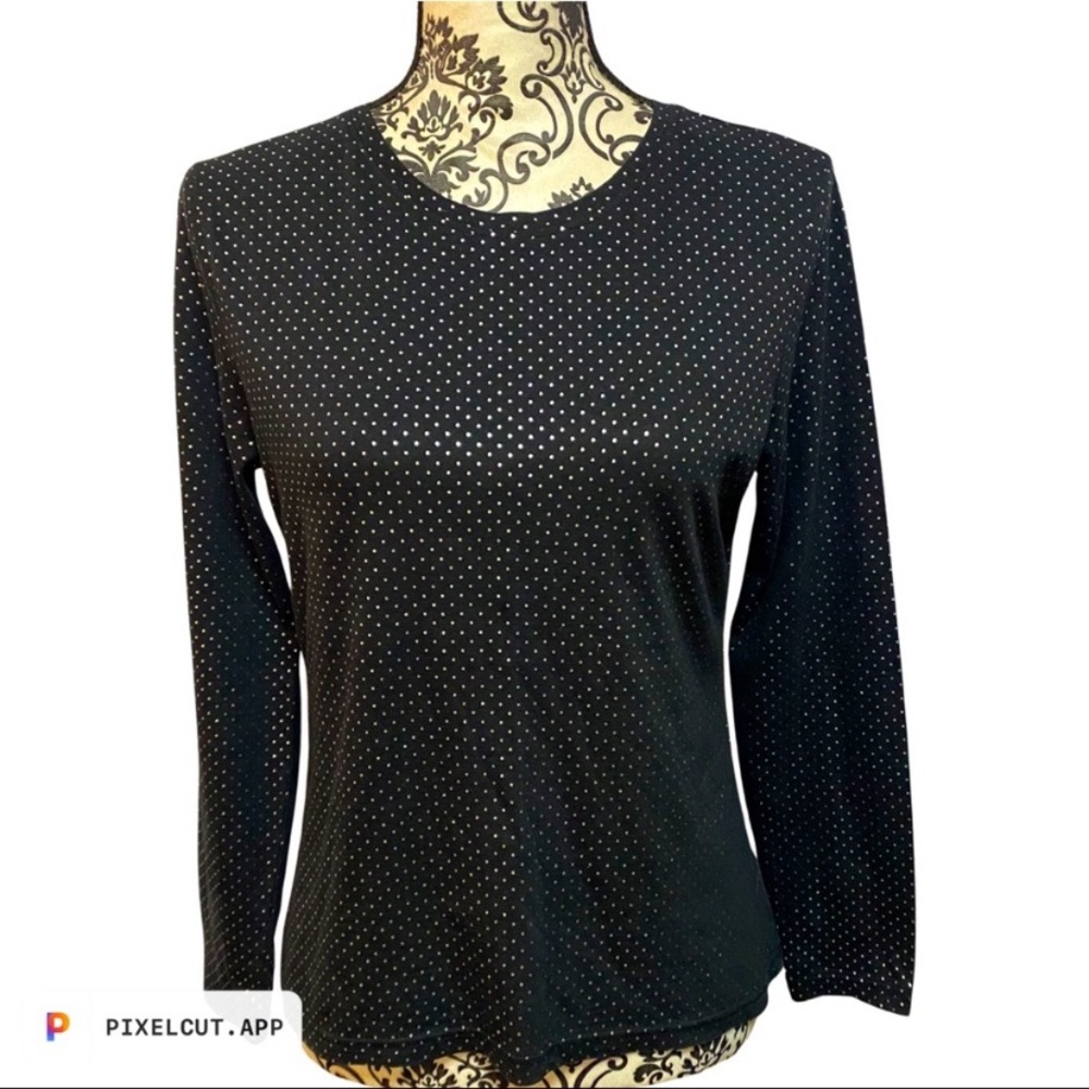 Talbots Women’s Small Petite Black Silver Polka Dot Pattern Long Sleeve Top